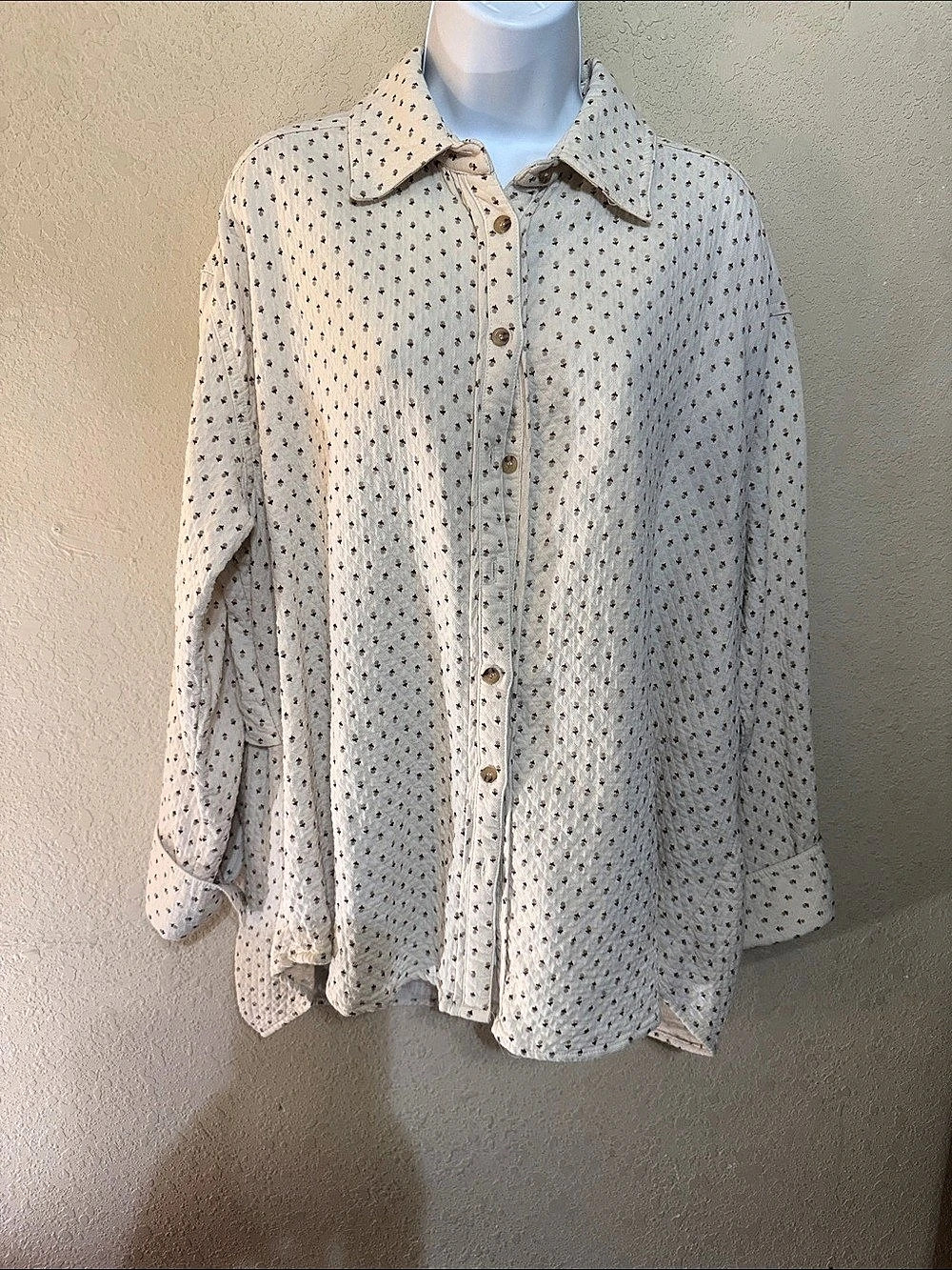 Easel Floral Button Down Shirt in White & Brown Size Medium